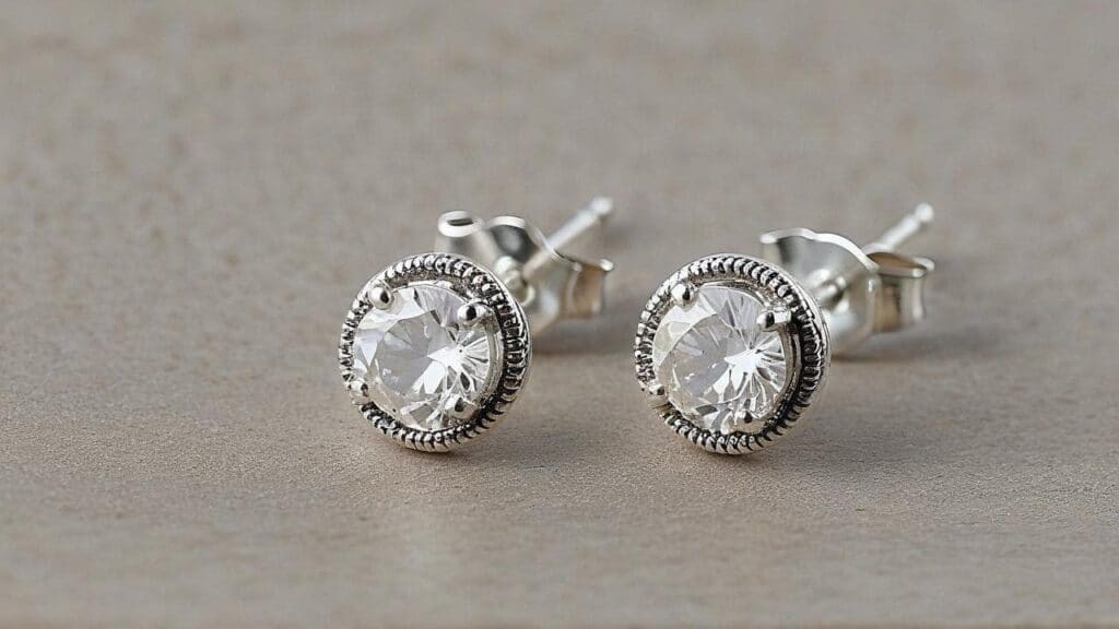 Silver stud earrings with crystals on gray background - hypoallergenic earring alternative for sensitive skin
