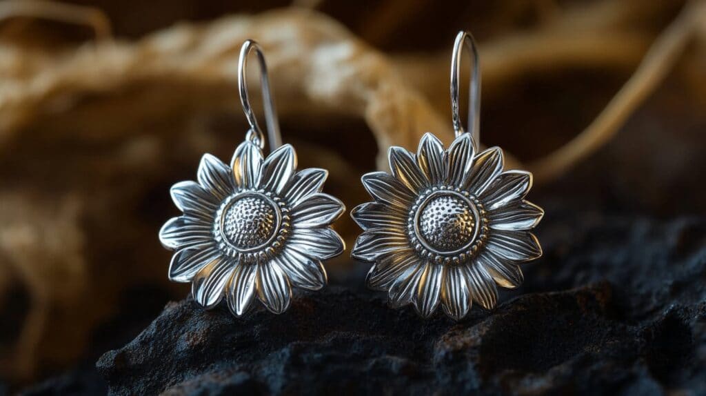 Silver sunflower earrings with intricate textured details, embodying themes of loyalty and inner strength.