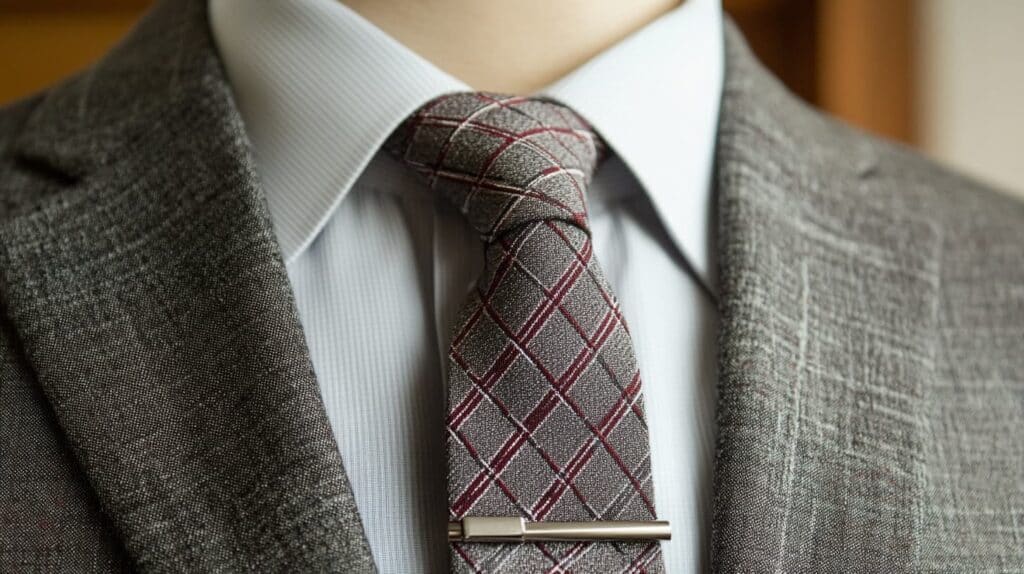 Close-up of a silver tie bar on a gray patterned tie paired with a textured gray blazer, showcasing a polished professional look.