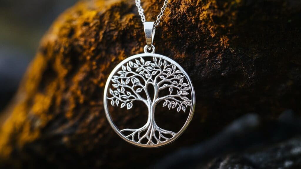 Silver Tree of Life pendant symbolizing personal growth and connection, placed against a rustic natural backdrop