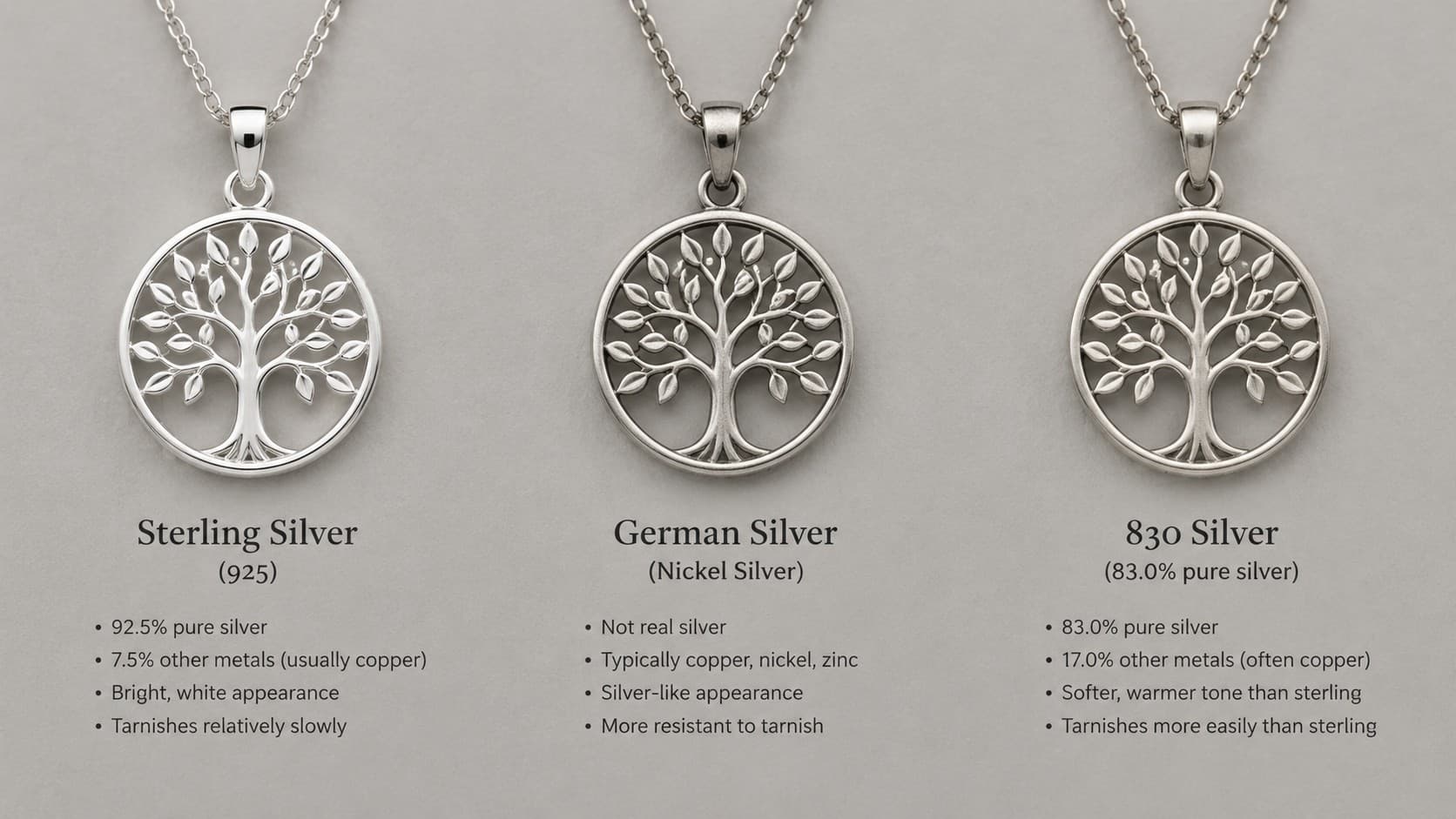 Comparison of sterling silver, German silver, and 830 silver pendants showing purity differences