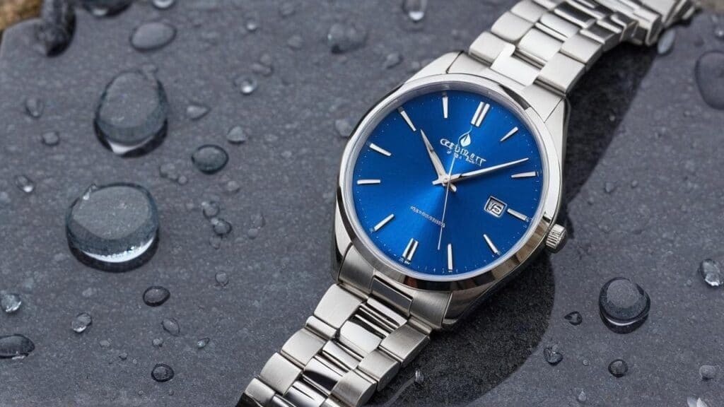 Silver steel watch with bright blue dial showing water resistance in rainy environment with water droplets
