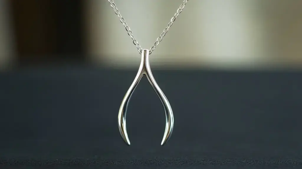 Silver wishbone necklace symbolizing positive energy and good luck, a stylish and meaningful piece of jewelry for daily wear.