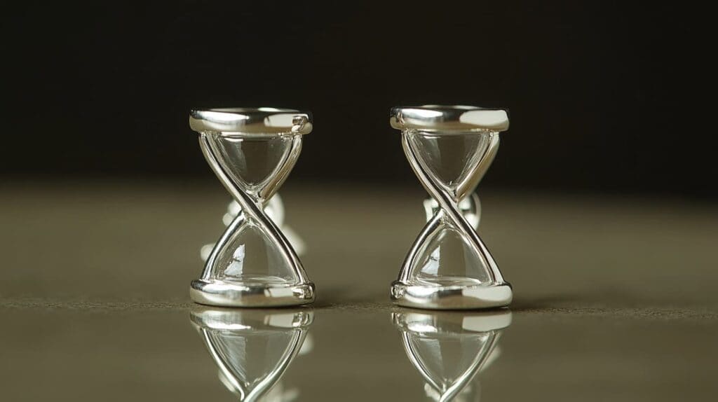 Close-up of silver hourglass-shaped stud earrings with a minimalist design, symbolizing time and balance in modern jewelry.