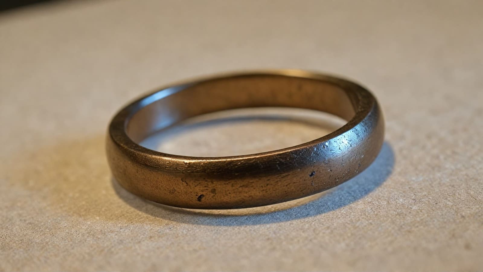 Plain bronze band ring with a lightly patinated surface on beige stone