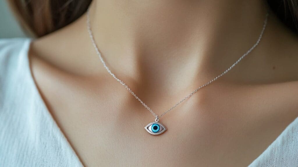 Minimalist evil eye necklace with a small blue eye pendant, worn around the neck, offering both protection and subtle style.