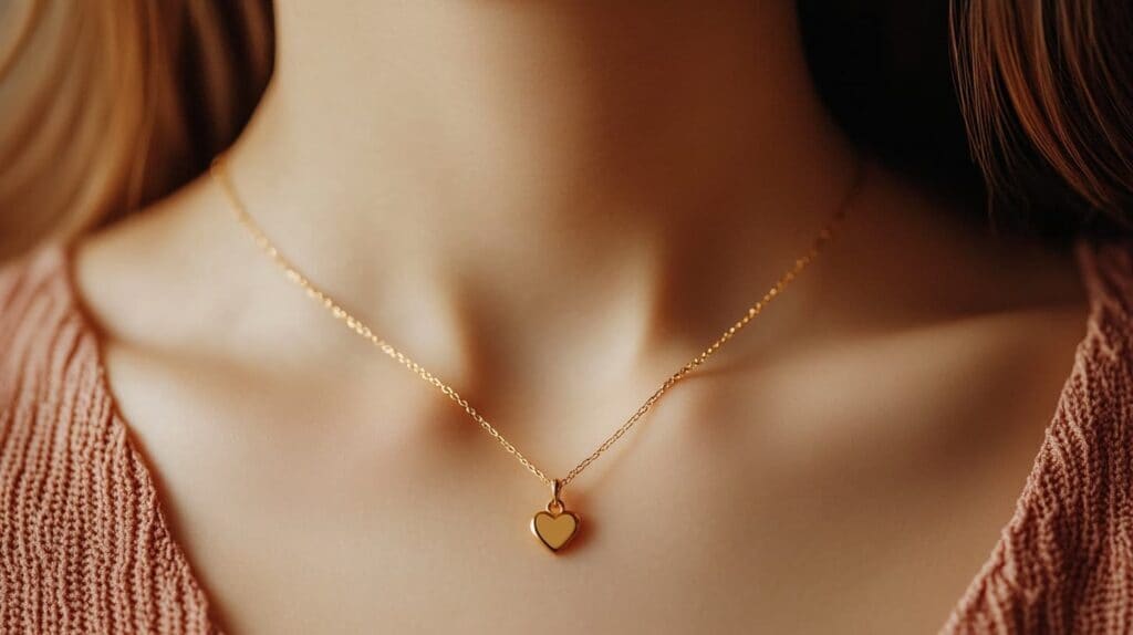 Woman wearing a simple gold heart pendant necklace, perfect for minimalist jewelry lovers and everyday elegance.