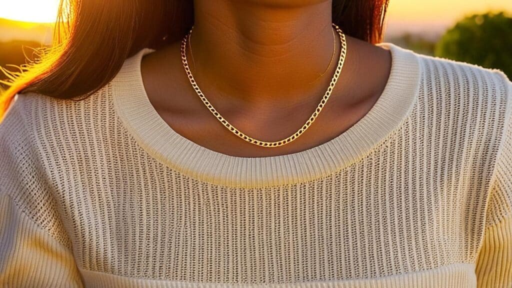 A woman wearing a delicate gold chain necklace with a casual sweater, perfect for a relaxed first date look.