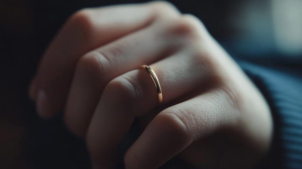Close-up of a gold band ring worn on a person's finger, showcasing a minimalistic jewelry design.