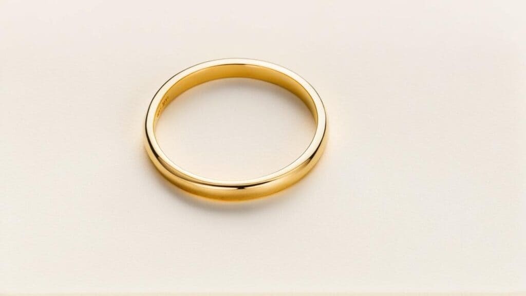 Minimalist gold ring displayed on a neutral background representing timeless jewelry design