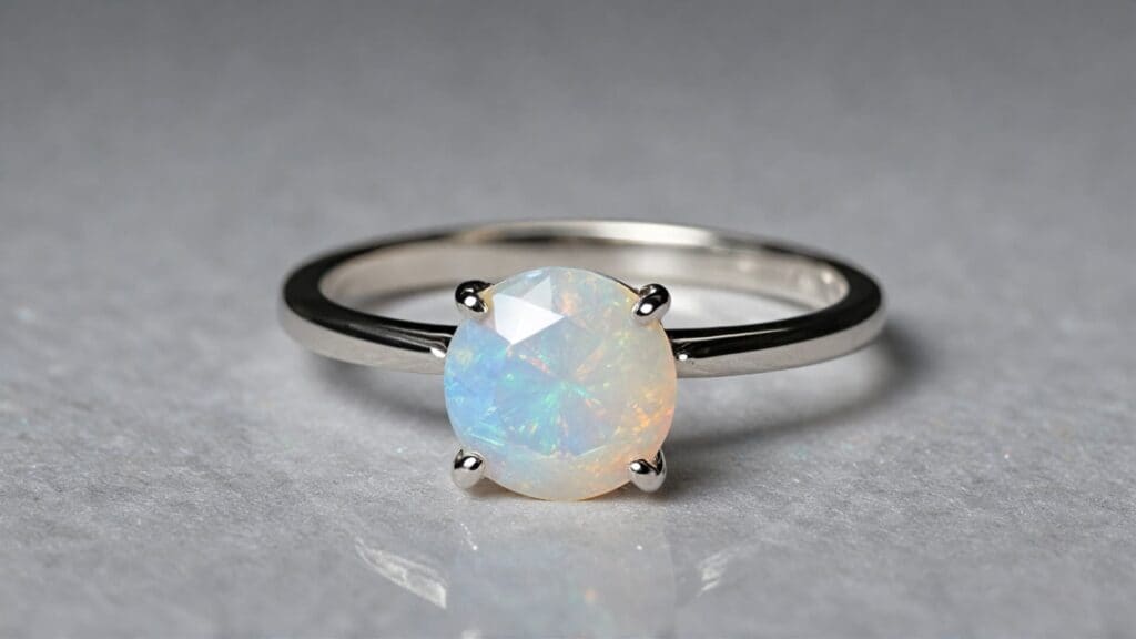 A minimalist white gold opal engagement ring with a round opal set in a classic four-prong setting, showcasing soft rainbow hues.