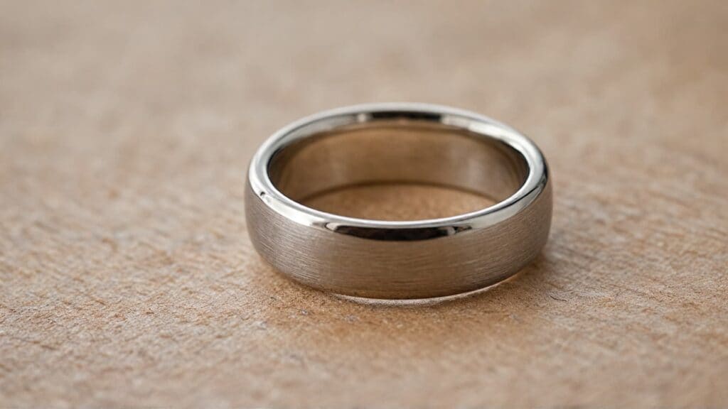 A single silver promise ring with a brushed finish on a wooden surface, featuring a minimalist unisex design for men or women.