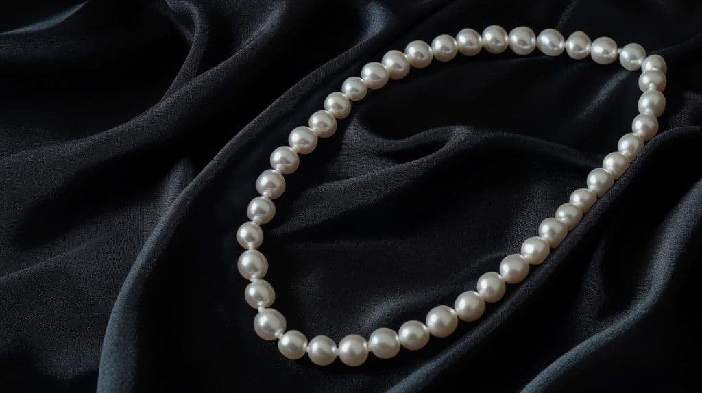 Single-strand pearl necklace arranged on luxurious black satin fabric, highlighting the pearls’ luminous glow and smooth surface.
