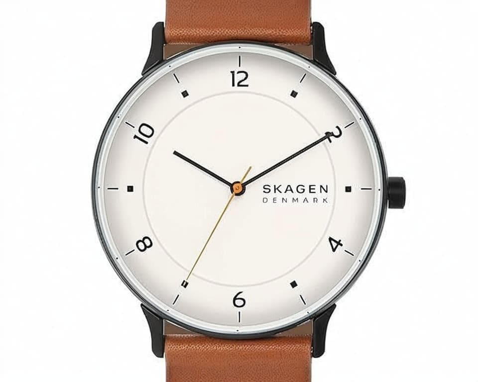 Skagen Denmark watch with clean white dial, brown leather strap and distinctive orange second hand showing minimalist Scandinavian design