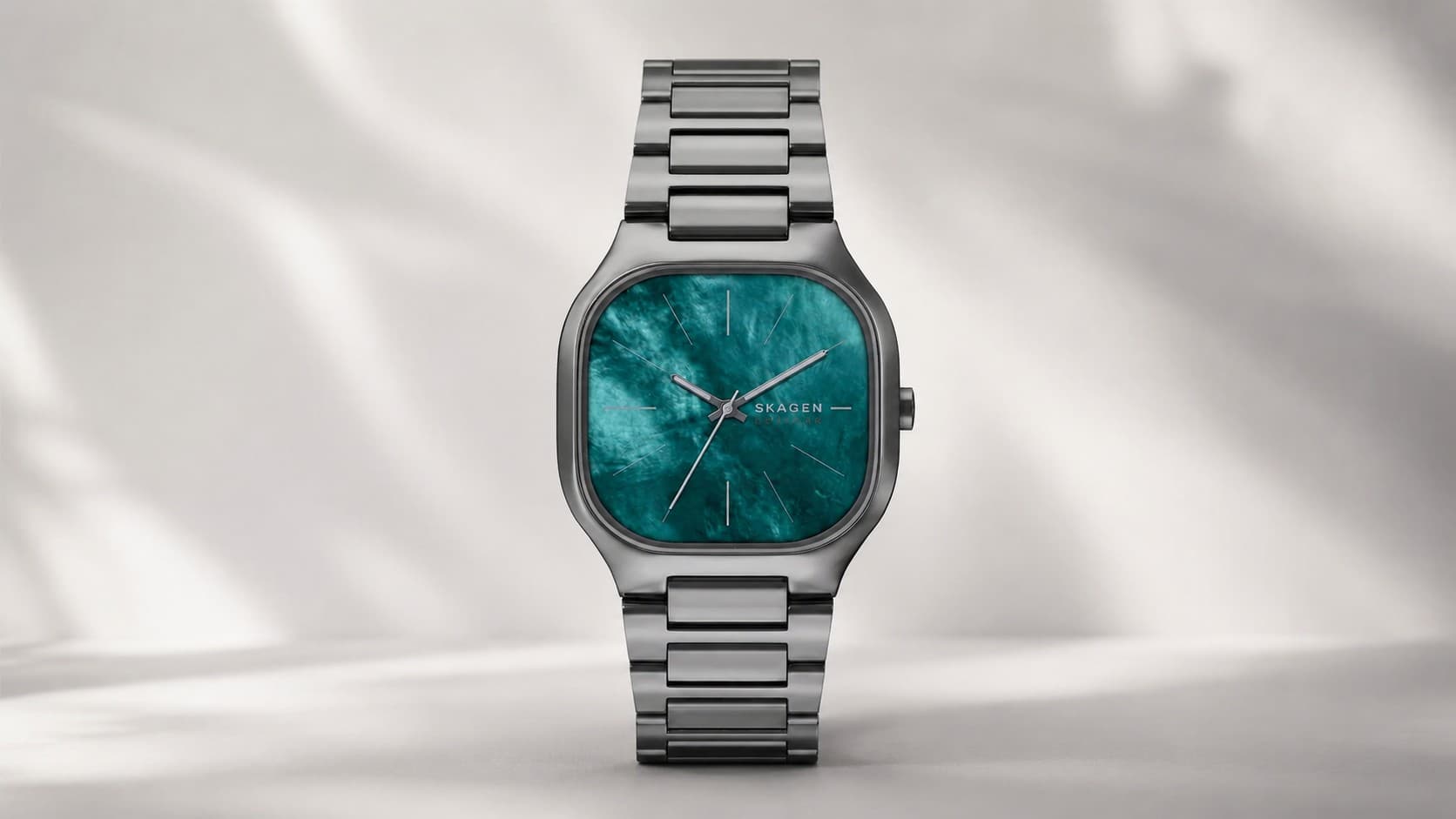 Skagen Mellem three-hand watch in gunmetal stainless steel with teal mother-of-pearl dial