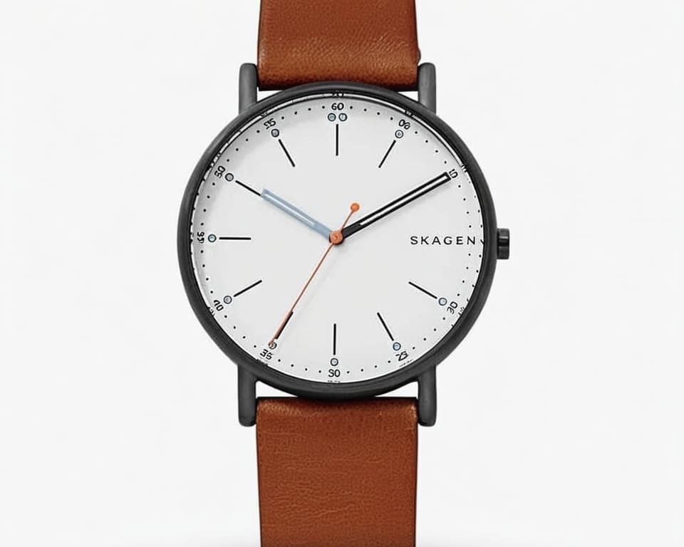 Skagen Signatur with white minimalist dial, black case and tan leather strap