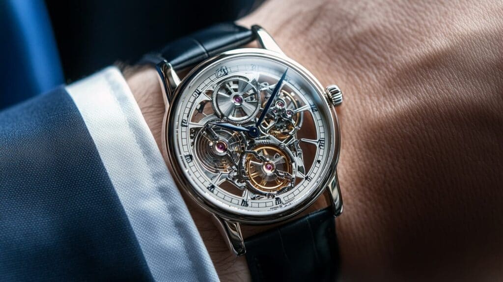 Elegant skeleton watch worn on a wrist with a blue suit, showcasing exposed mechanical movement and silver case for a sophisticated look.