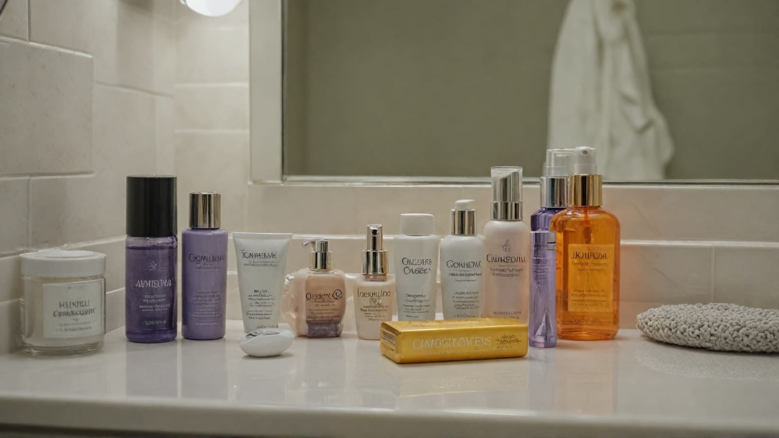 Row of skincare bottles and jars on a bathroom counter by a mirror