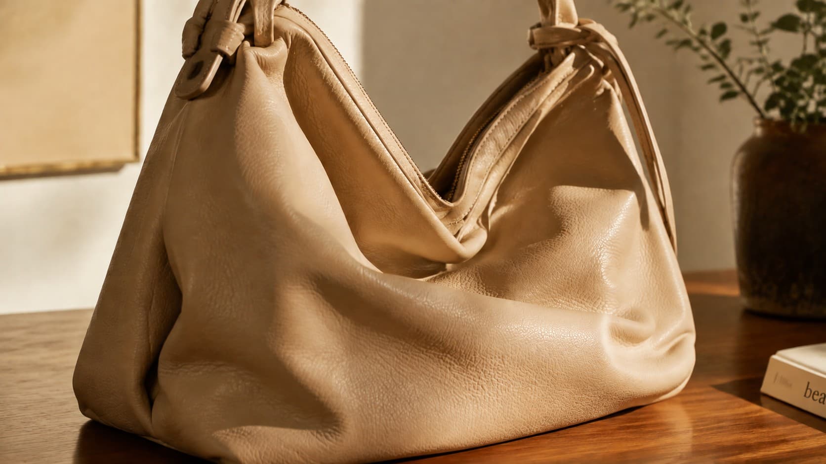 Slouchy beige leather hobo bag with a soft, draped shape on a wooden table