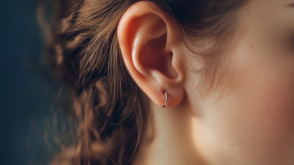 Close-up of a small huggie earring worn by a woman, ideal for everyday wear with a minimalist design.
