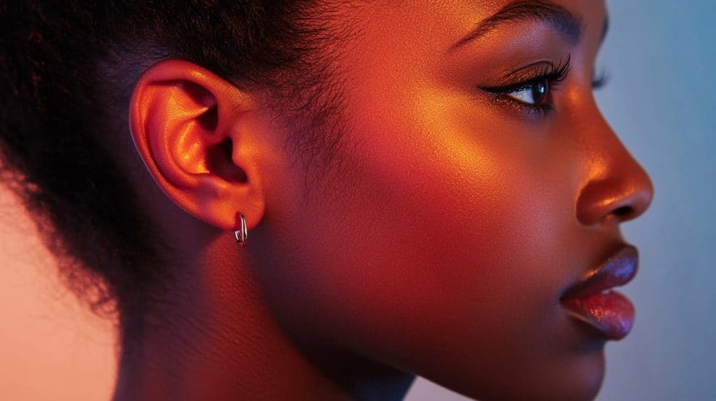 Close-up profile of a woman wearing small silver hoop earrings with a 12mm diameter, emphasizing their snug, minimalist size for everyday comfort.