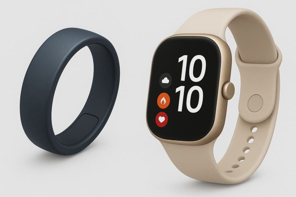 A smart ring next to a beige strap smartwatch showing health and activity icons.