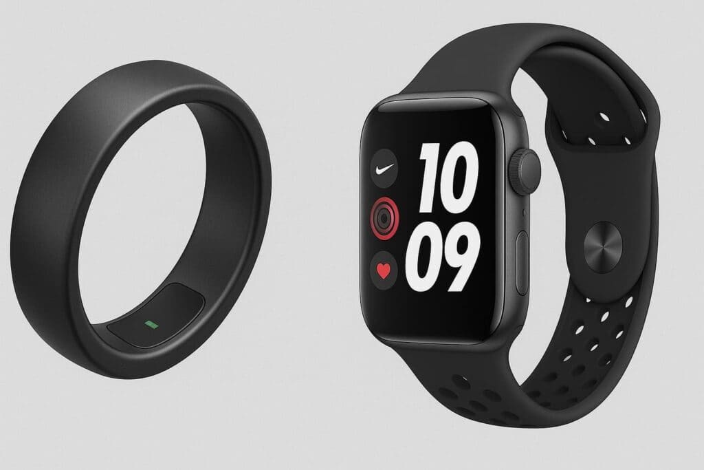 A smart ring alongside a black strap smartwatch with fitness tracking display.