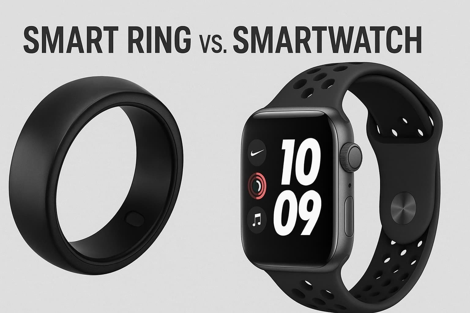 Black smart ring beside a black smartwatch under the heading Smart Ring vs. Smartwatch