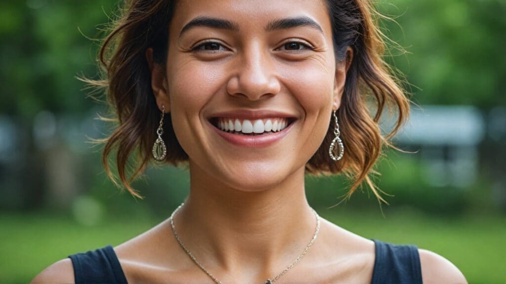 Happy woman with short wavy hair wearing delicate silver earrings and a matching necklace, smiling outdoors in natural light.