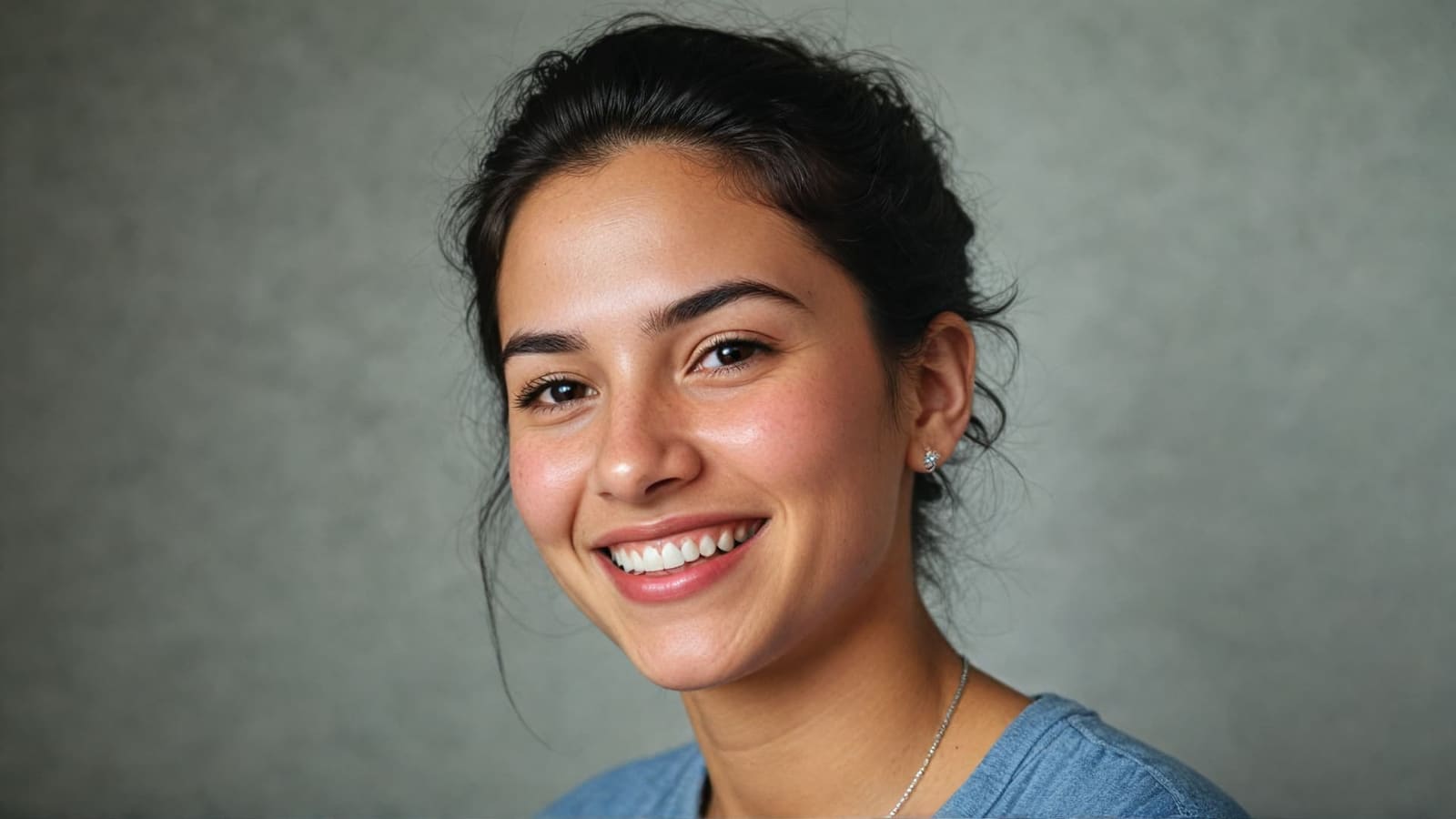 Smiling woman with a small crystal stud in a healed lobe piercing