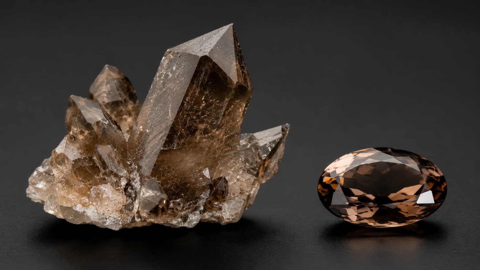 Smoky quartz crystal cluster next to a faceted oval cut smoky quartz gemstone