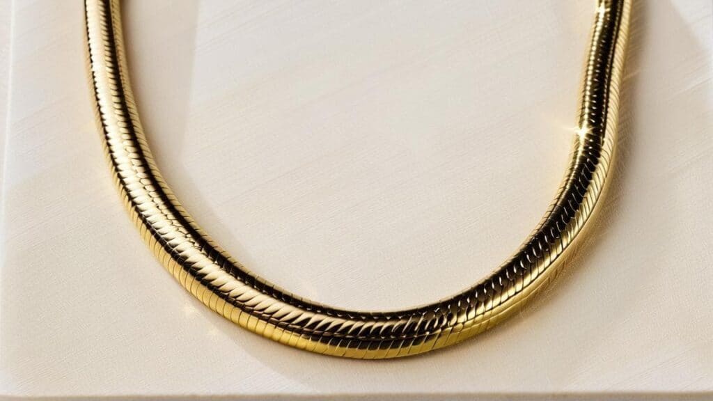 Flat snake chain with intricate interlocking links that are nearly impossible to repair when broken