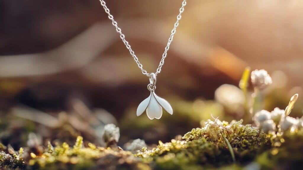 Snowdrop pendant necklace in silver, inspired by Nordic spring, with a nature backdrop.