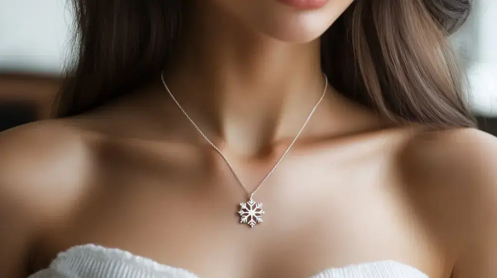 Elegant snowflake necklace with a delicate design worn around a woman's neck, showcasing a winter-themed accessory that highlights personal style.