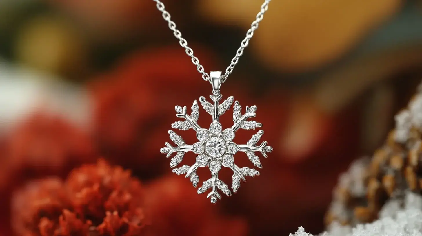 Silver snowflake pendant set with diamonds against red and snowy backdrop