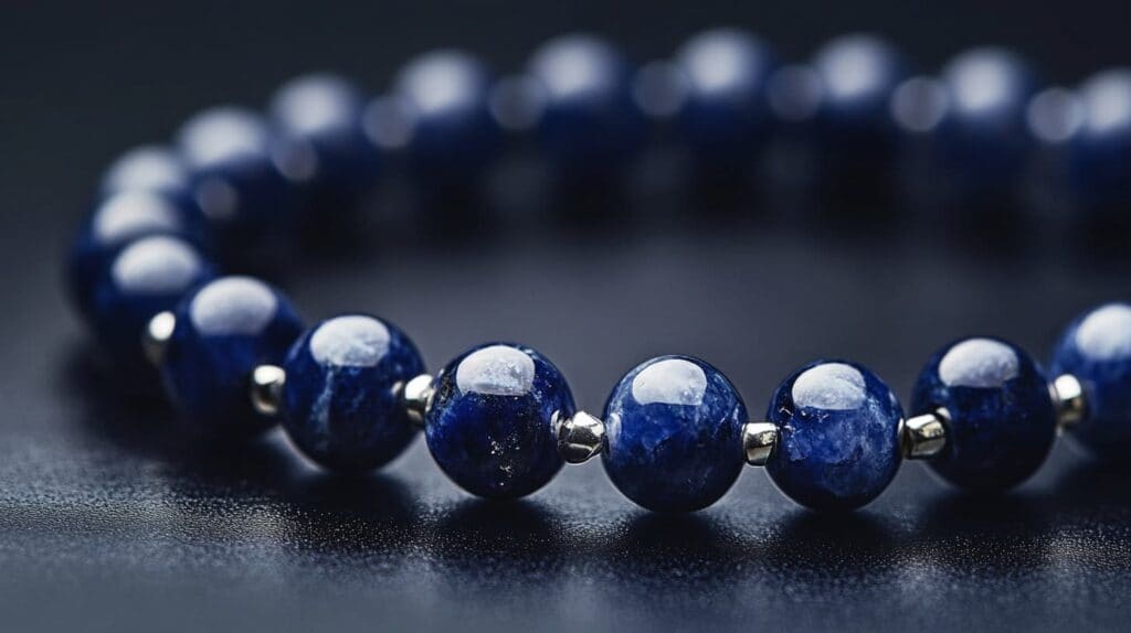 Elegant Sodalite bracelet made of polished round beads showcasing vibrant royal blue hues and subtle white veining, complemented by silver spacers.