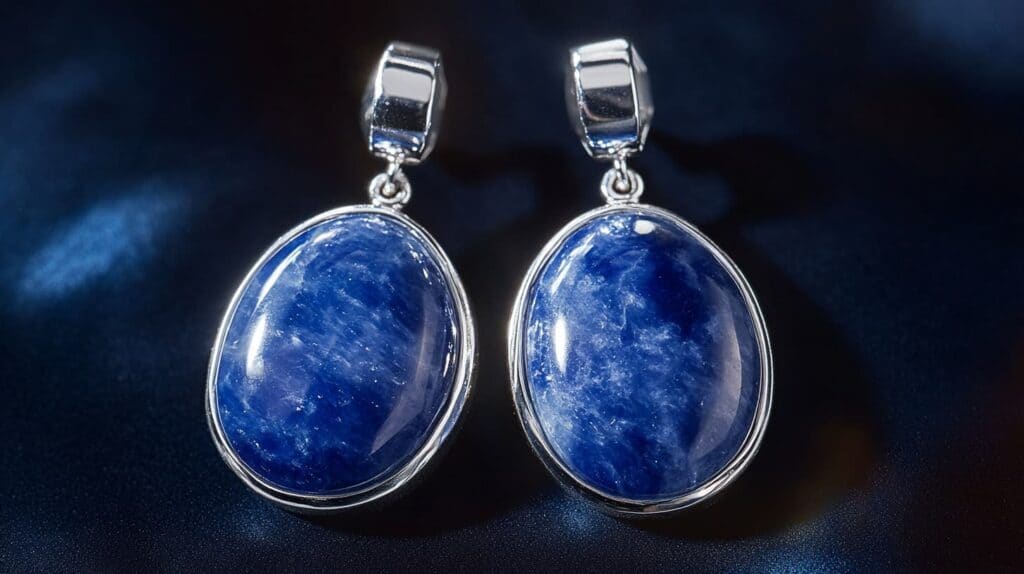 Pair of Sodalite drop earrings with polished oval cabochon stones in protective silver bezel settings, highlighting the stone's blue and white veining patterns.