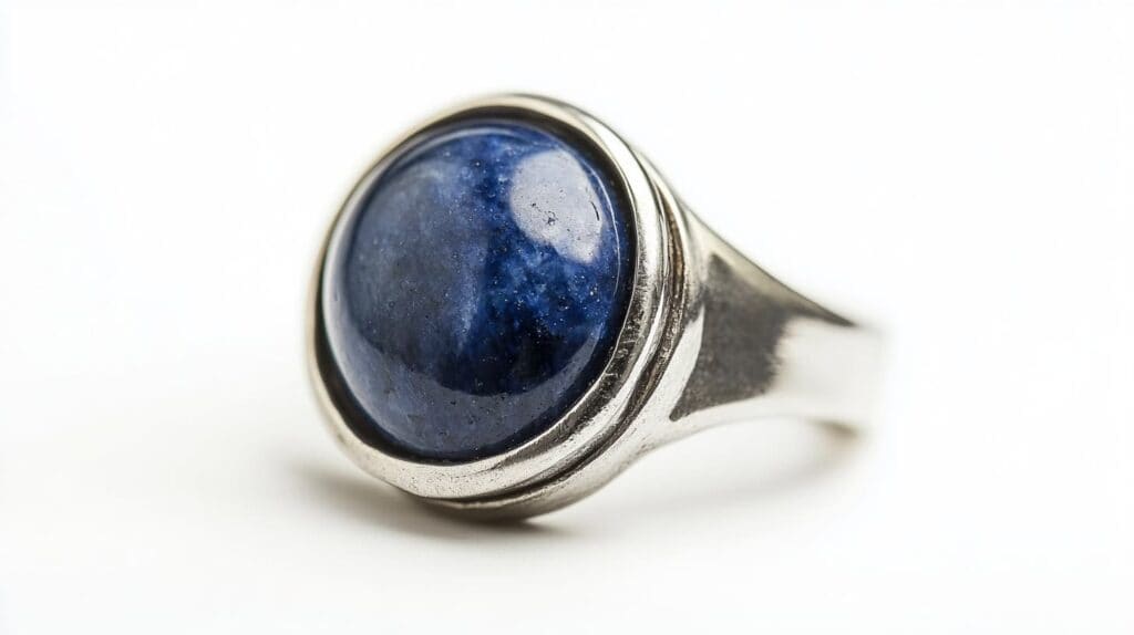 Close-up of a Sodalite ring featuring a deep blue cabochon stone with white veining, set in a sleek silver band design.