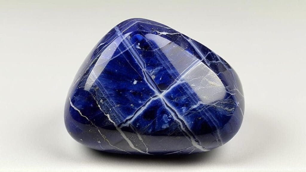 Smooth sodalite crystal aligned with the throat chakra, ideal for communication and energetic cleansing rituals
