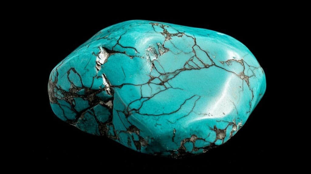 A soft and porous turquoise gemstone with black matrix patterns, highlighting its vibrant blue-green color and natural veining, set against a black background.