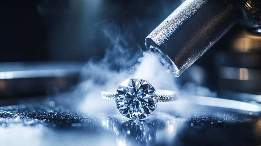 Steam cleaning a solitaire diamond ring using a professional jewelry steamer, highlighting its clarity and shine.