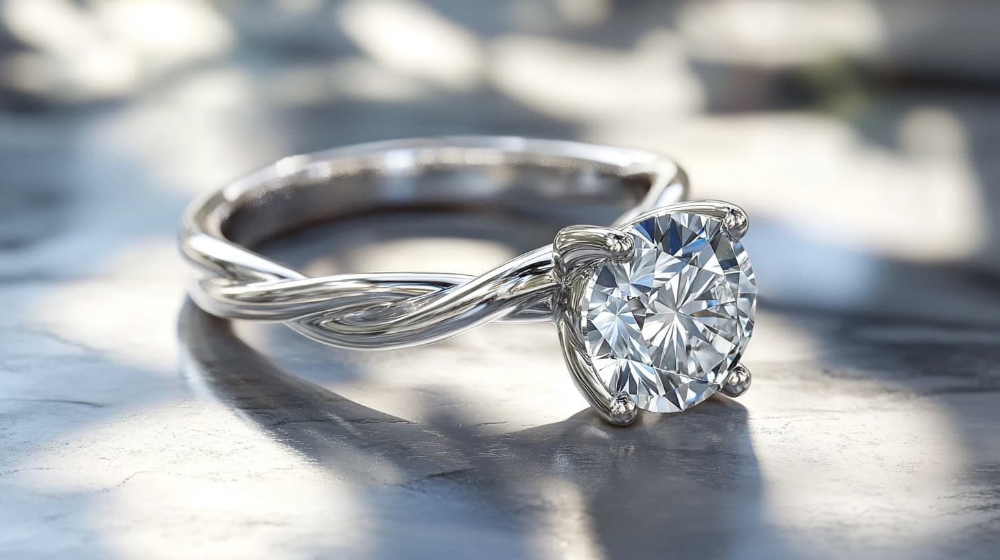 Round diamond held in four prongs above a twisted white gold band