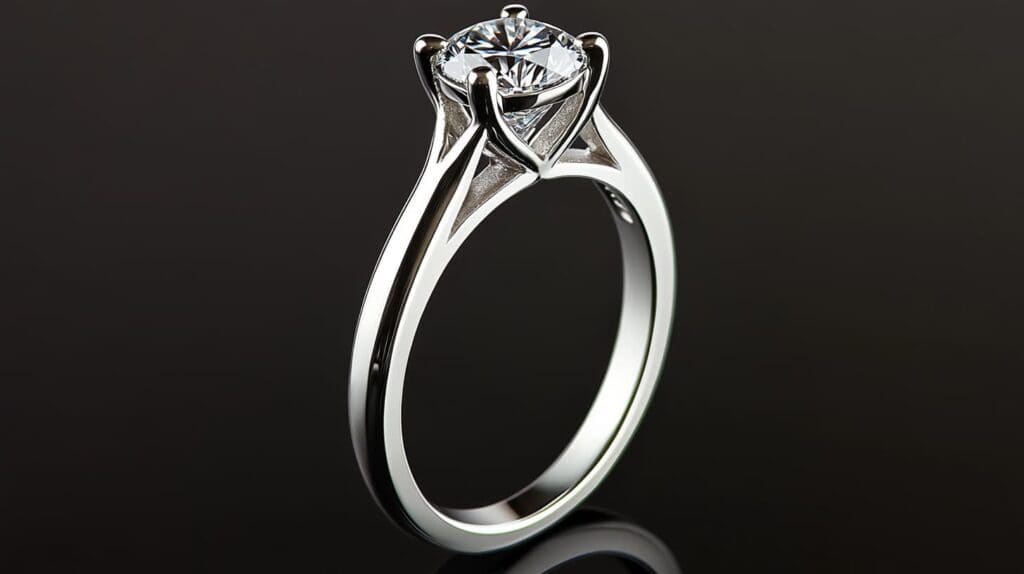 Side view of a solitaire diamond engagement ring with a white gold appearance, showcasing the clean and polished finish achieved by rhodium plating.