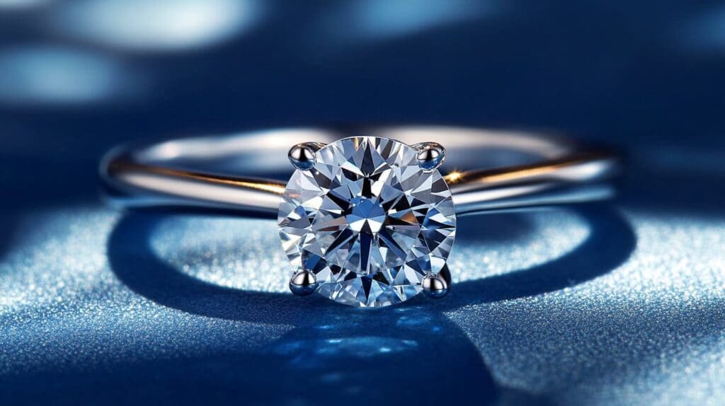 A solitaire Round Brilliant cut diamond engagement ring set in white gold, sparkling against a textured blue background.