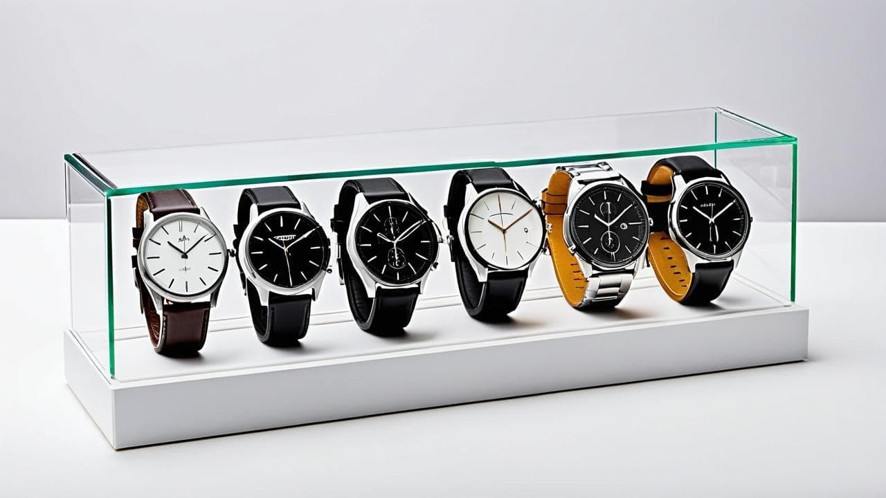 Six minimalist watches with leather and steel straps in a glass display case