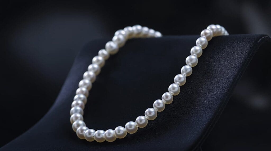 Elegant strand of South Sea pearls displayed on a black stand, featuring perfectly matched pearls with excellent luster and thick nacre, ideal for long-term investment.