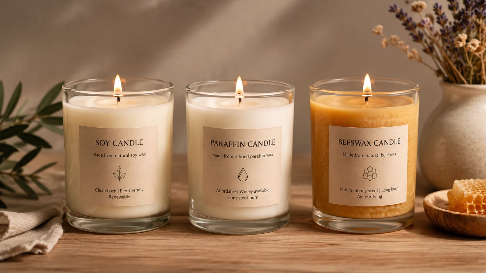 Close-up of soy, paraffin, and beeswax candle labels showing wax type differences