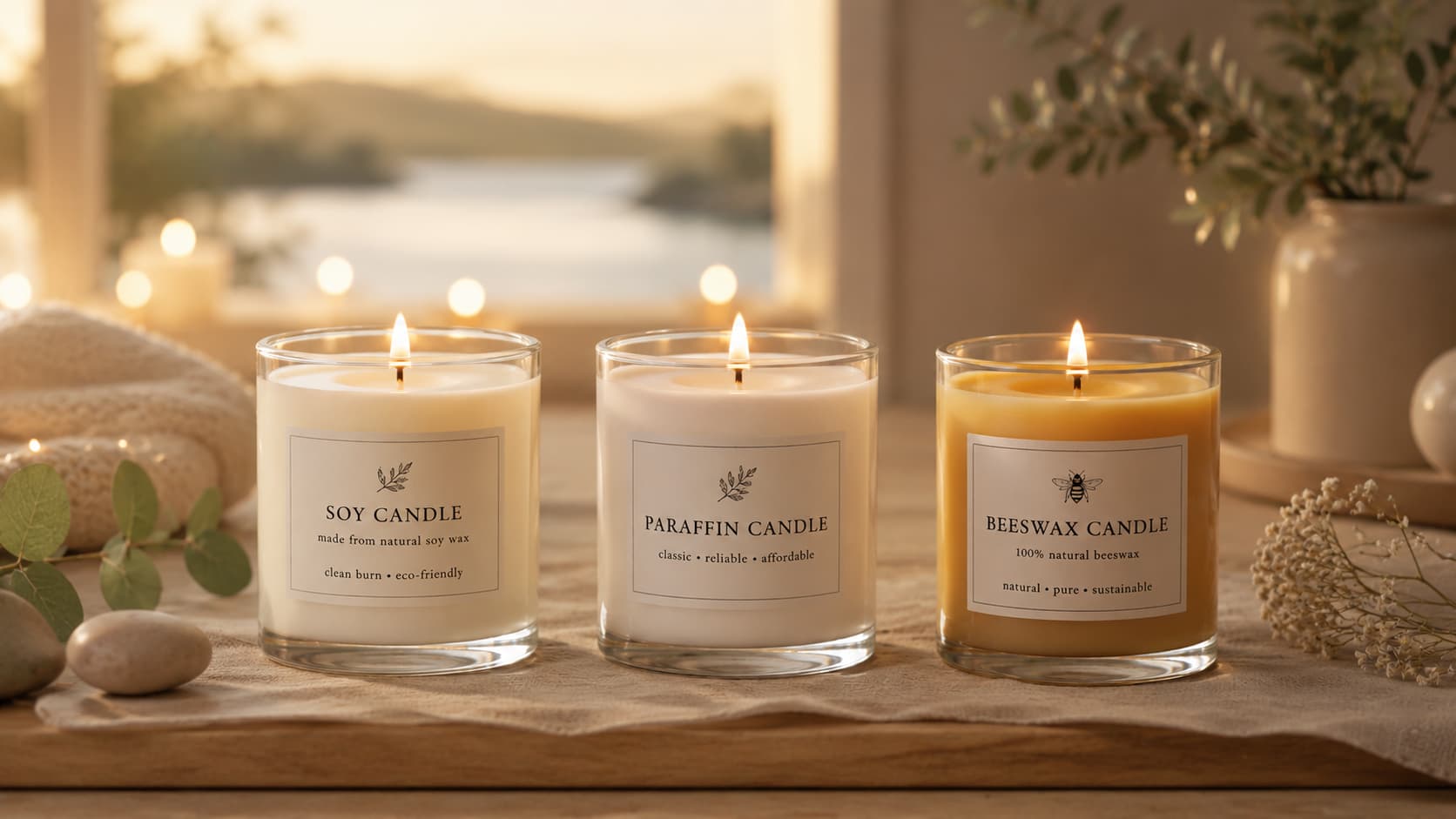 Soy, paraffin, and beeswax candles burning side by side for a health comparison