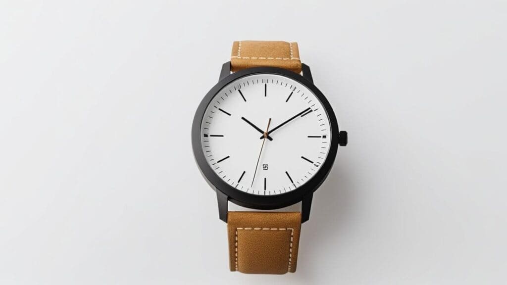 Minimalist Spanish watch with black case, white dial, and brown leather strap showcasing contemporary European design