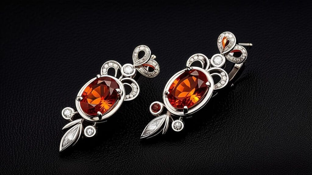 Ornate earrings with oval spessartine garnets, white diamond accents, and detailed metalwork, arranged on a black leather surface.